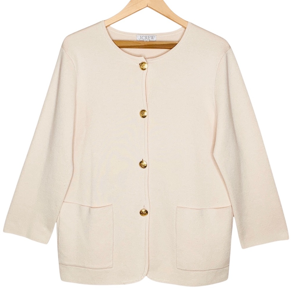 J. Crew Giselle Sweater-Blazer M Cream Ivory Gold Crest Buttons Preppy Luxury